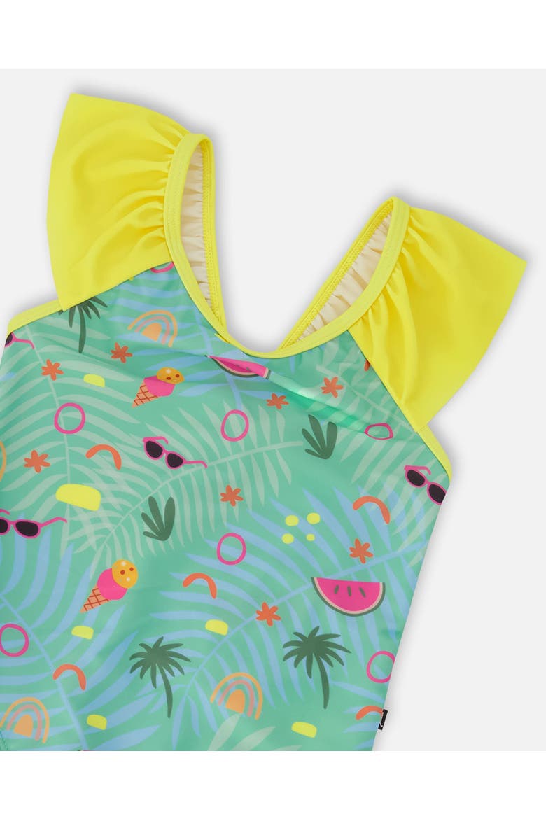One-Piece Ruffle Beach Swimsuit, Alternate, color, Green Beach Print