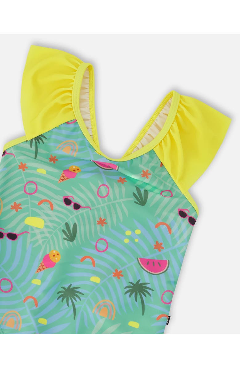 Deux par Deux One-Piece Ruffle Beach Swimsuit, Alternate, color, Green Beach Print