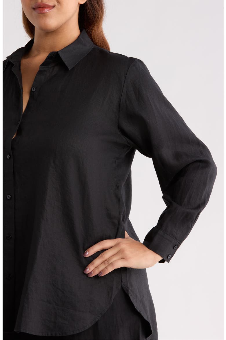 Classic Collar Organic Linen Long Button-Up Shirt, Alternate, color, BLACK