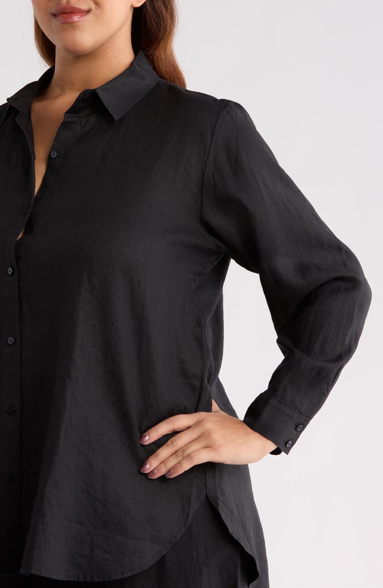 Eileen Fisher Classic Collar Organic Linen Long Button-Up Shirt, Alternate, color, Black
