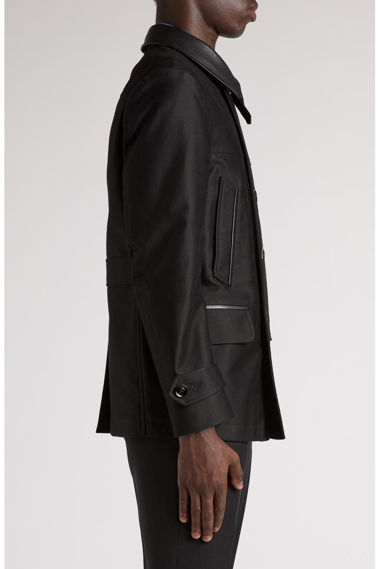 Leather Trimmed Brushed Cotton Satin Peacoat, Alternate, color, BLACK