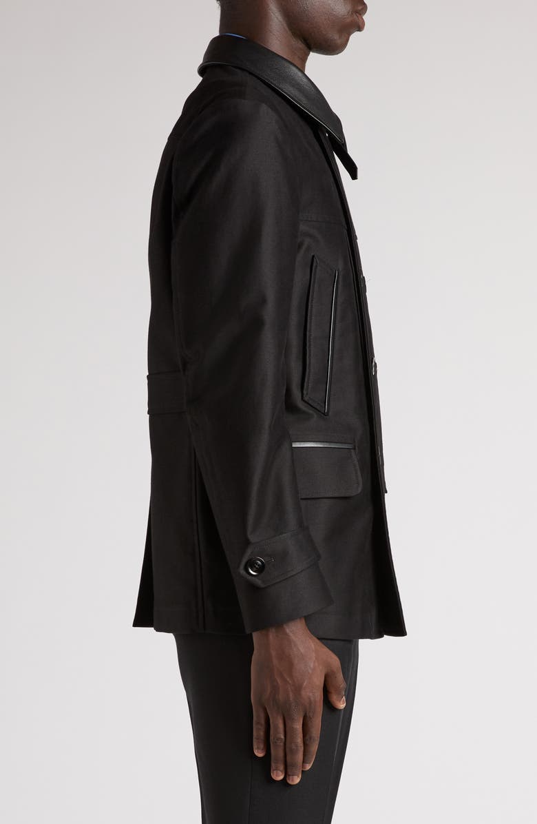 TOM FORD Leather Trimmed Brushed Cotton Satin Peacoat, Alternate, color, Black