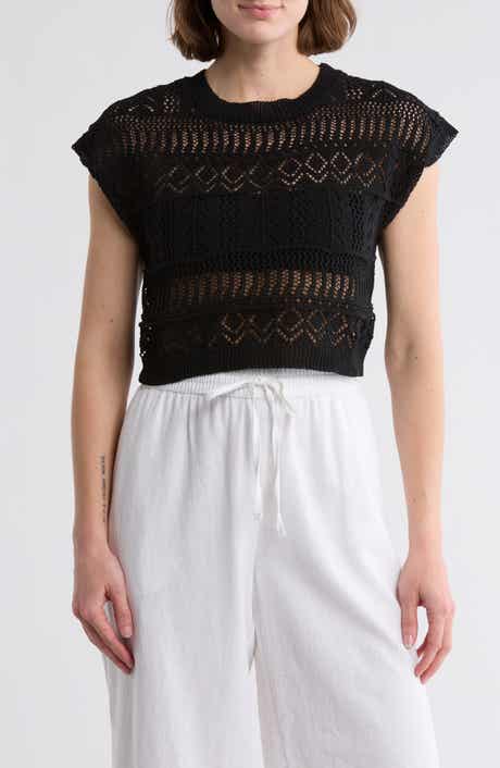 Elan Pointelle Stitch Cover-Up Crop Sweater