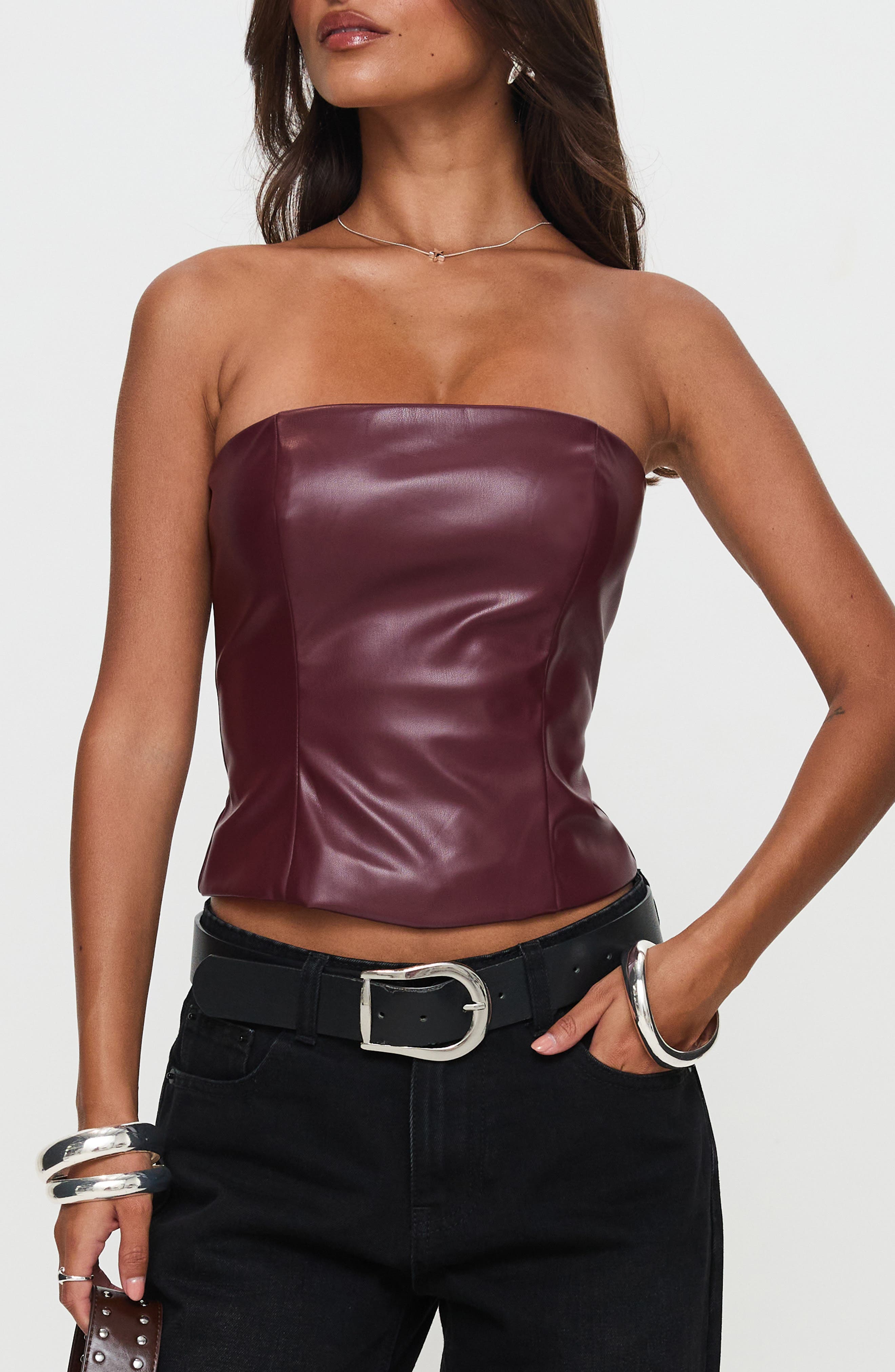 Princess Polly Oaklee Strapless Faux Leather Top in Burgundy 