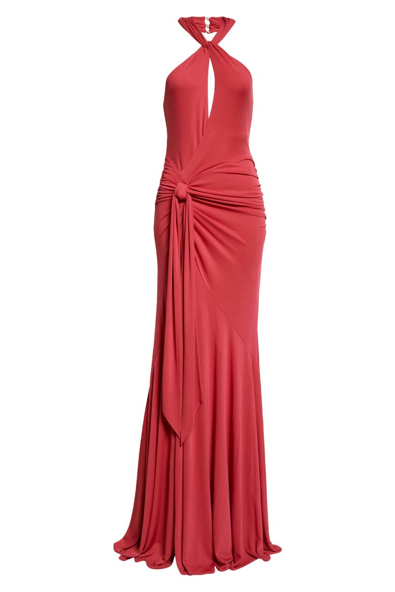 Gulliame Tie Front Halter Gown, Alternate, color, PINK GARNET