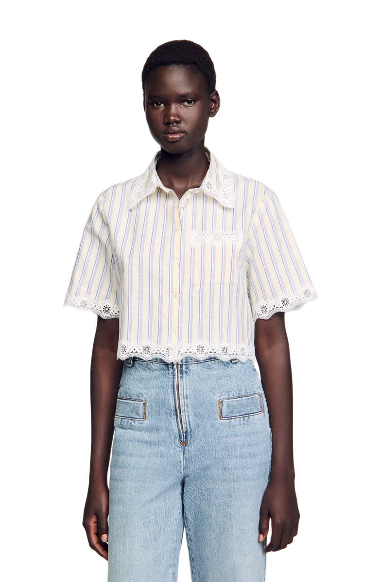 SANDRO Striped cropped shirt, Main, color, Ecru / Jean