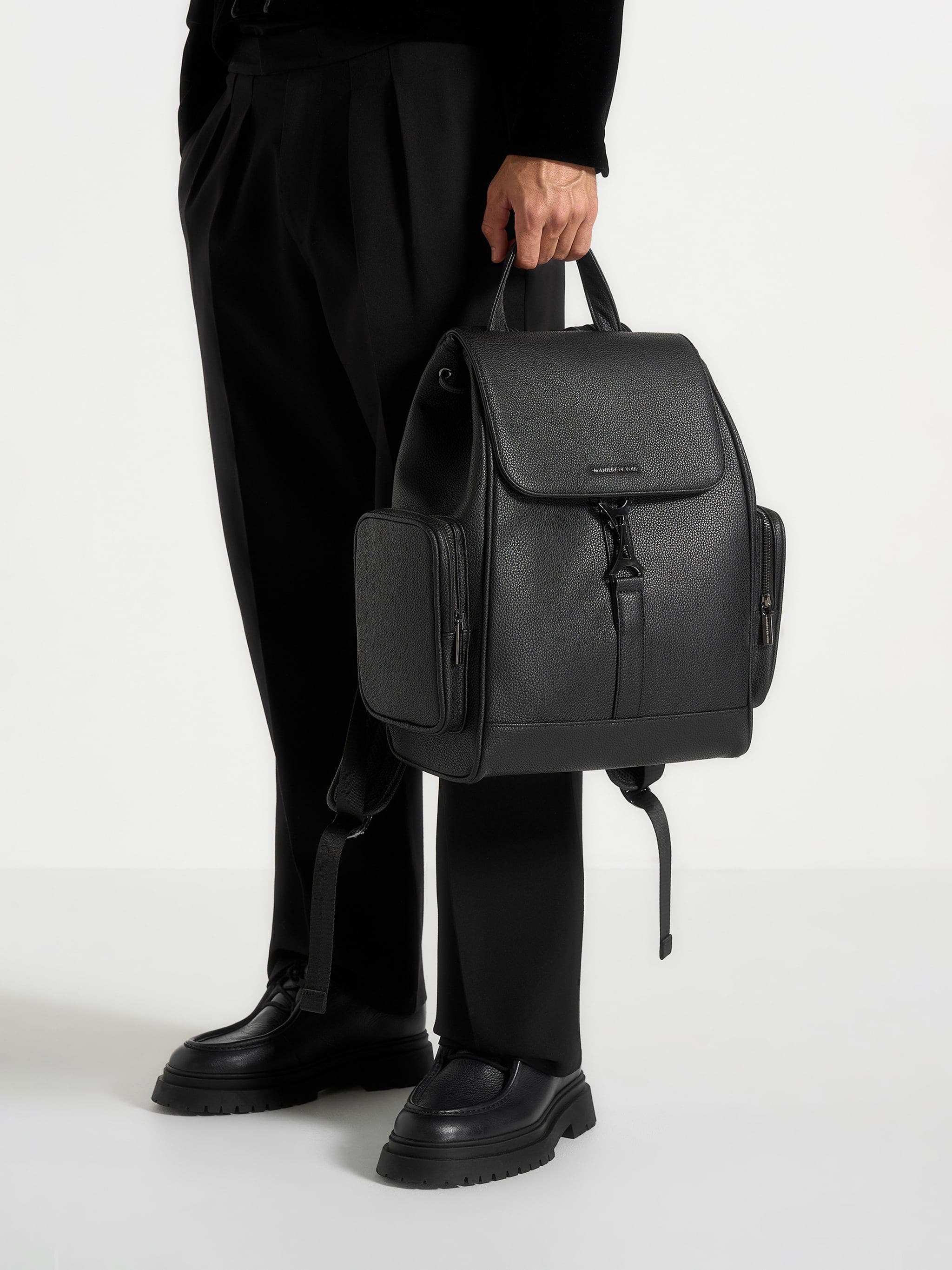 Manière De Voir Maloe Pebbled Leather Eiffel Clasp Backpack, Alternate, color, Black