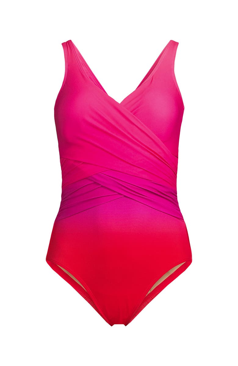 Lands' End D-Cup Slender Tummy Control Chlorine Resistant V-neck Wrap One Piece Swimsuit, Alternate, color, Pink Multi Ombre