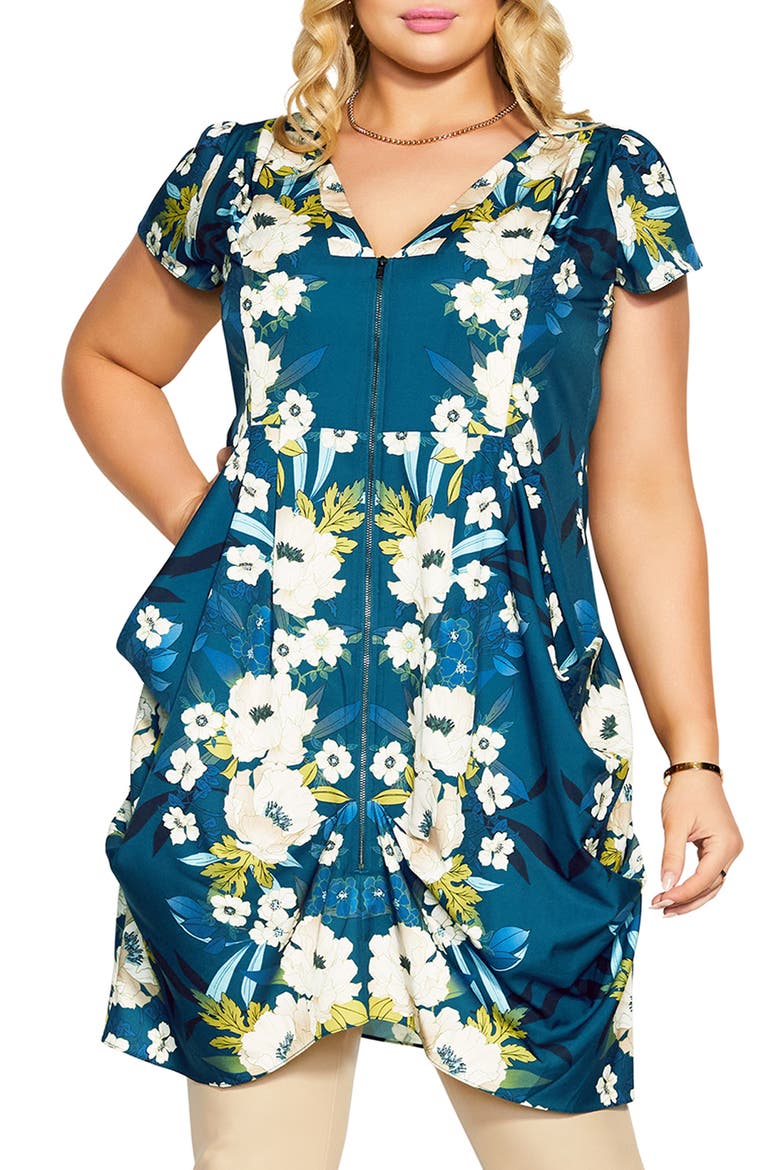 Emma Floral V-Neck Fitted Tunic Dress, Main, color, TEAL MIRROR BLOOM