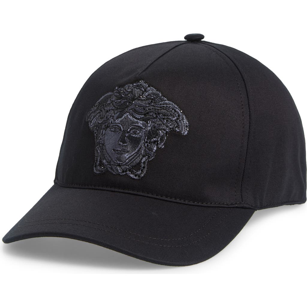 Versace Crystal Embellished Medusa Cotton Drill Baseball Cap In Black