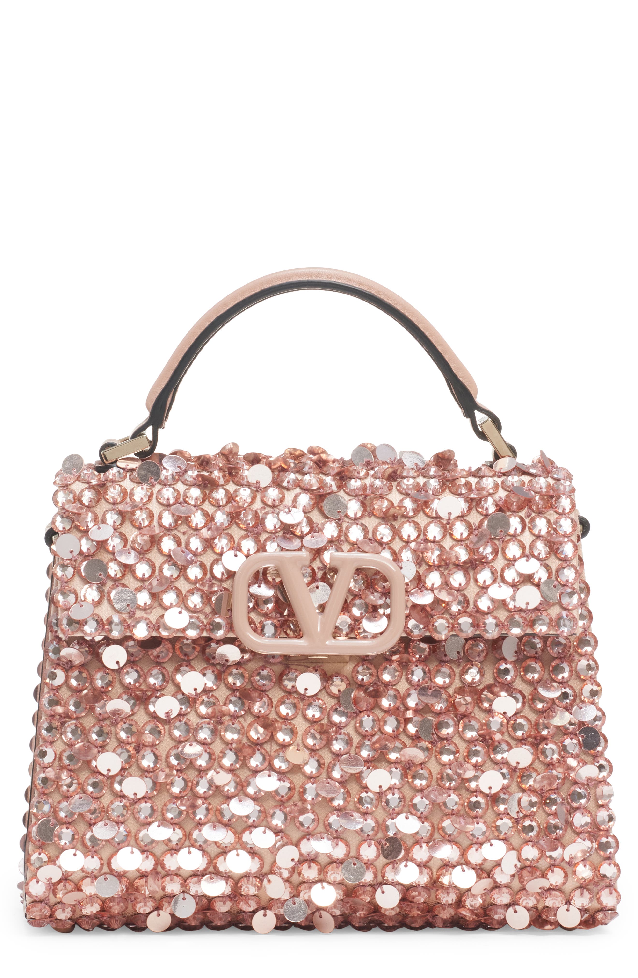 Valentino Garavani Mini VSling Crystal & Paillette Top Handle Bag, Main, color, 