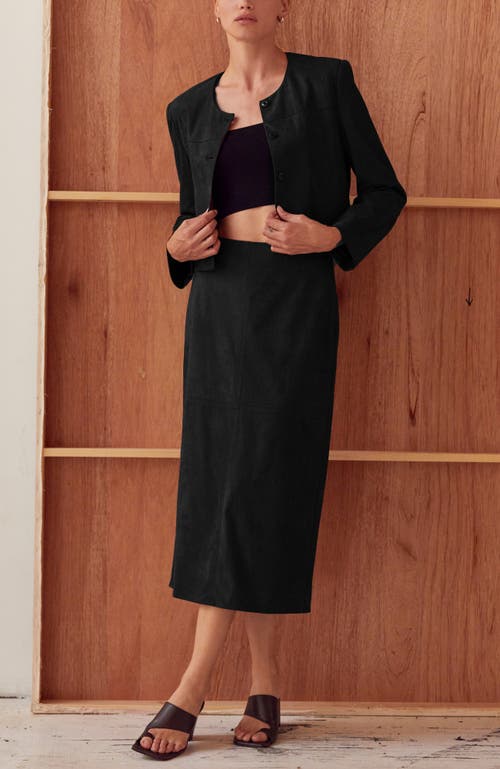 Crescent Faux Suede Pencil Midi Skirt In Black