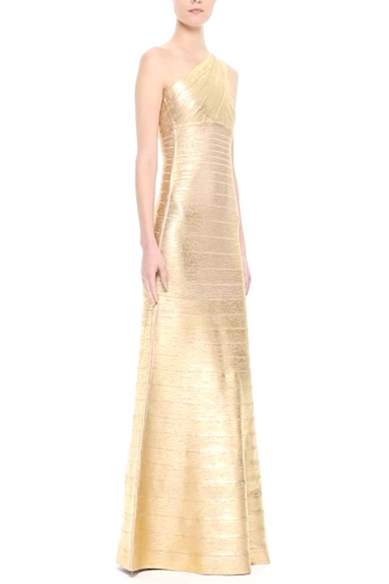'Lilyanna' One-Shoulder Woodgrain Metallic Gown, Alternate, color, GOLD COMBO