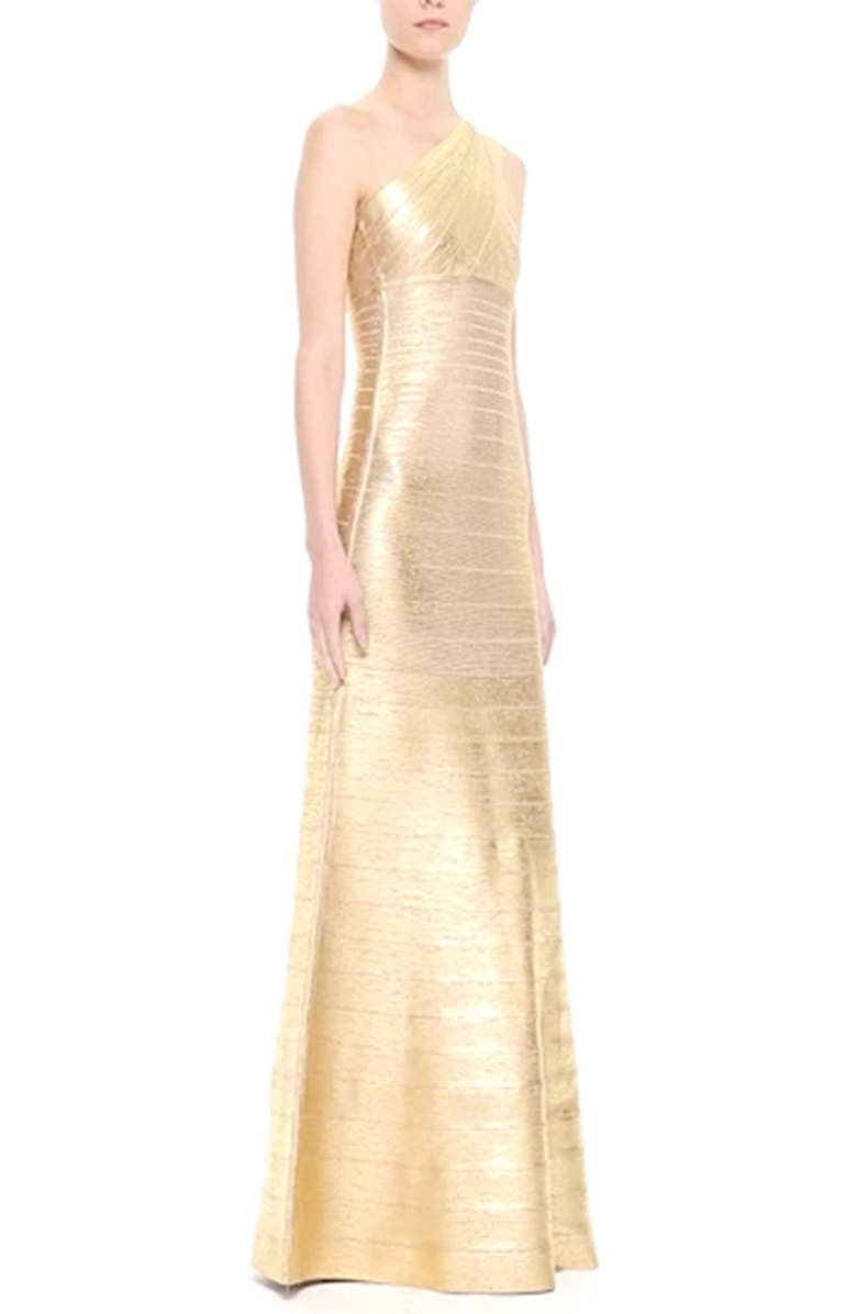 Herve Leger 'Lilyanna' One-Shoulder Woodgrain Metallic Gown, Alternate, color,