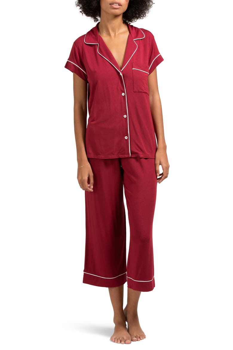 Gisele Short Sleeve Cropped Pajamas, Main, color, SANGRIA/ IVORY