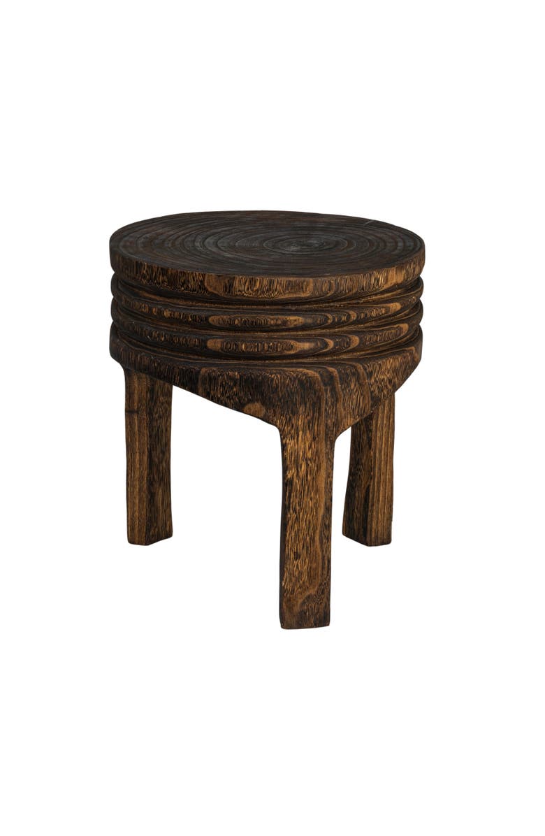 Storied Home Paulownia Wood Carved Stool, Marbled Brown Finish, Main, color, 