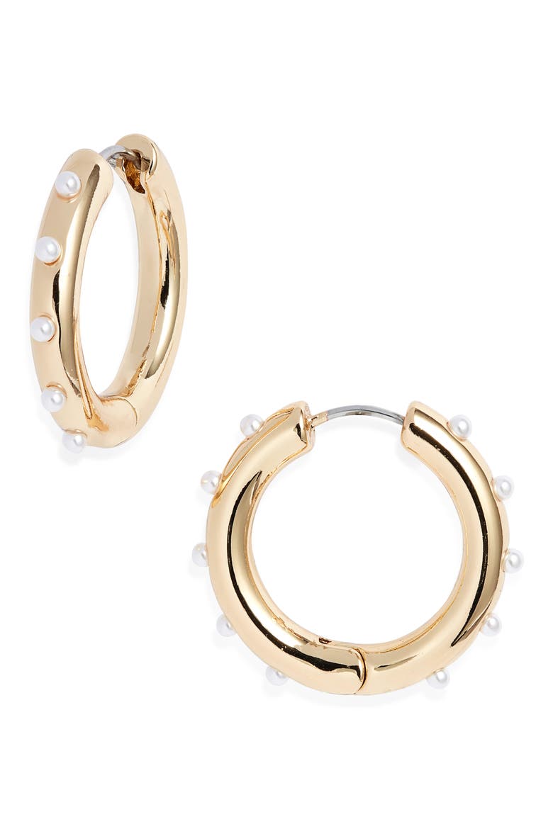 Cultured Pearl Studded Hoop Earrings, Main, color, WHITE- GOLD