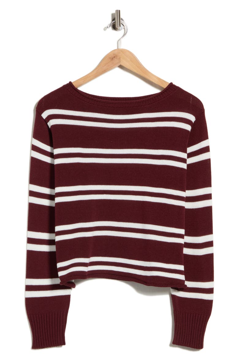 Stripe Boat Neck Crop Sweater, Alternate, color, DARK CHERRY/ CREME