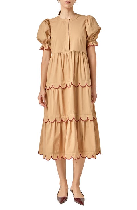 Contrast Scalloped Trim Cotton Midi Dress