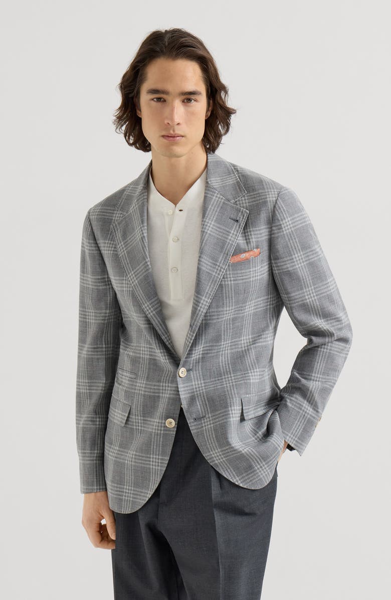 Brunello Cucinelli Tartan deconstructed blazer, Alternate, color, Light Grey