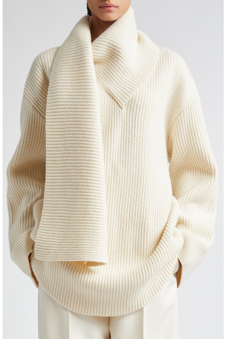 Draped Scarf Oversize Funnel Neck Wool Rib Sweater, Alternate, color, OFF WHITE