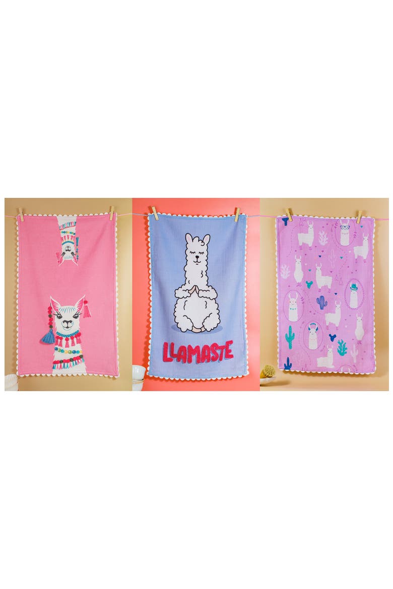 The Llamaste Artisan Set of 3 Cotton Kitchen Towels, Alternate, color, PINK/ BLUE/ WHITE