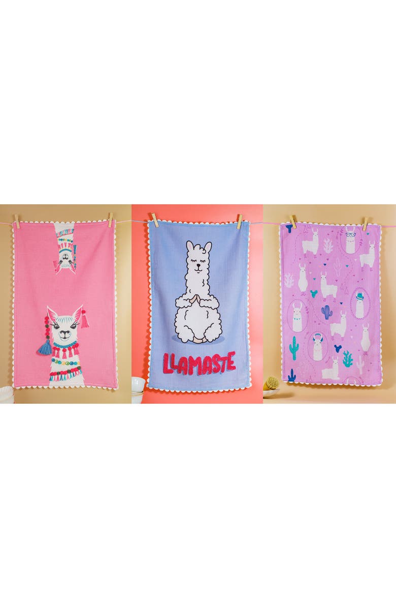 Tiramisu The Llamaste Artisan Set of 3 Cotton Kitchen Towels, Alternate, color, Pink/ Blue/ White