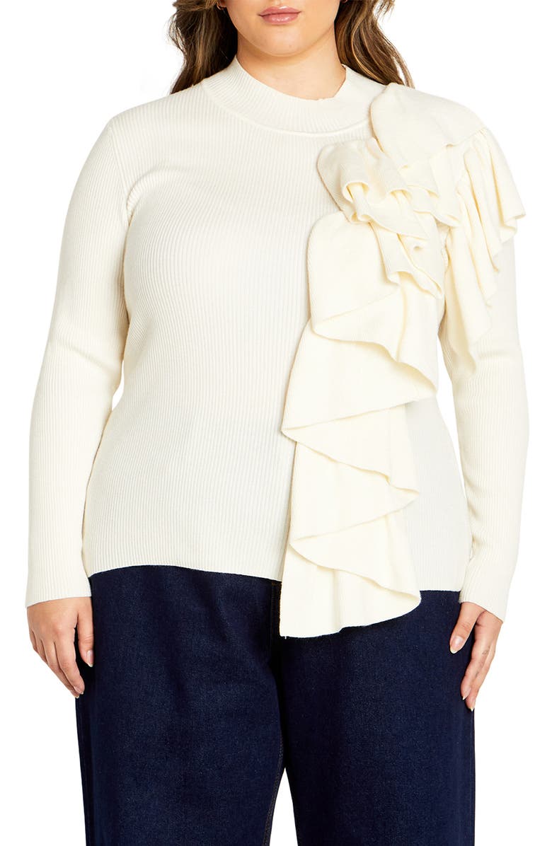 City Chic Amira Ruffle Rib Sweater, Main, color, 