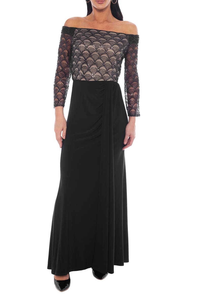 Off the Shoulder Beaded Gown, Main, color, BLACK/ NUDE