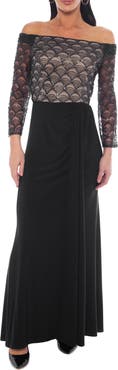 Oleg Cassini Off the Shoulder Beaded Gown