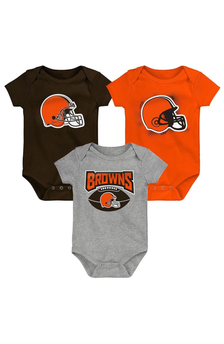 Outerstuff Infant Brown/Orange/Heathered Gray Cleveland Browns 3-Pack Game On Bodysuit Set, Main, color, 