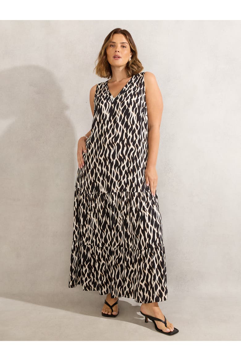 Mono Print V-Neck Maxi Dress, Alternate, color, Black