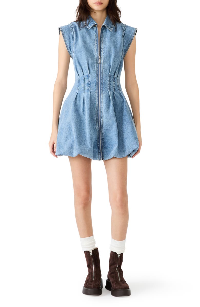 Steve Madden Dyanne Pleated Bubble Hem Denim Minidress, Main, color, Forever Blue