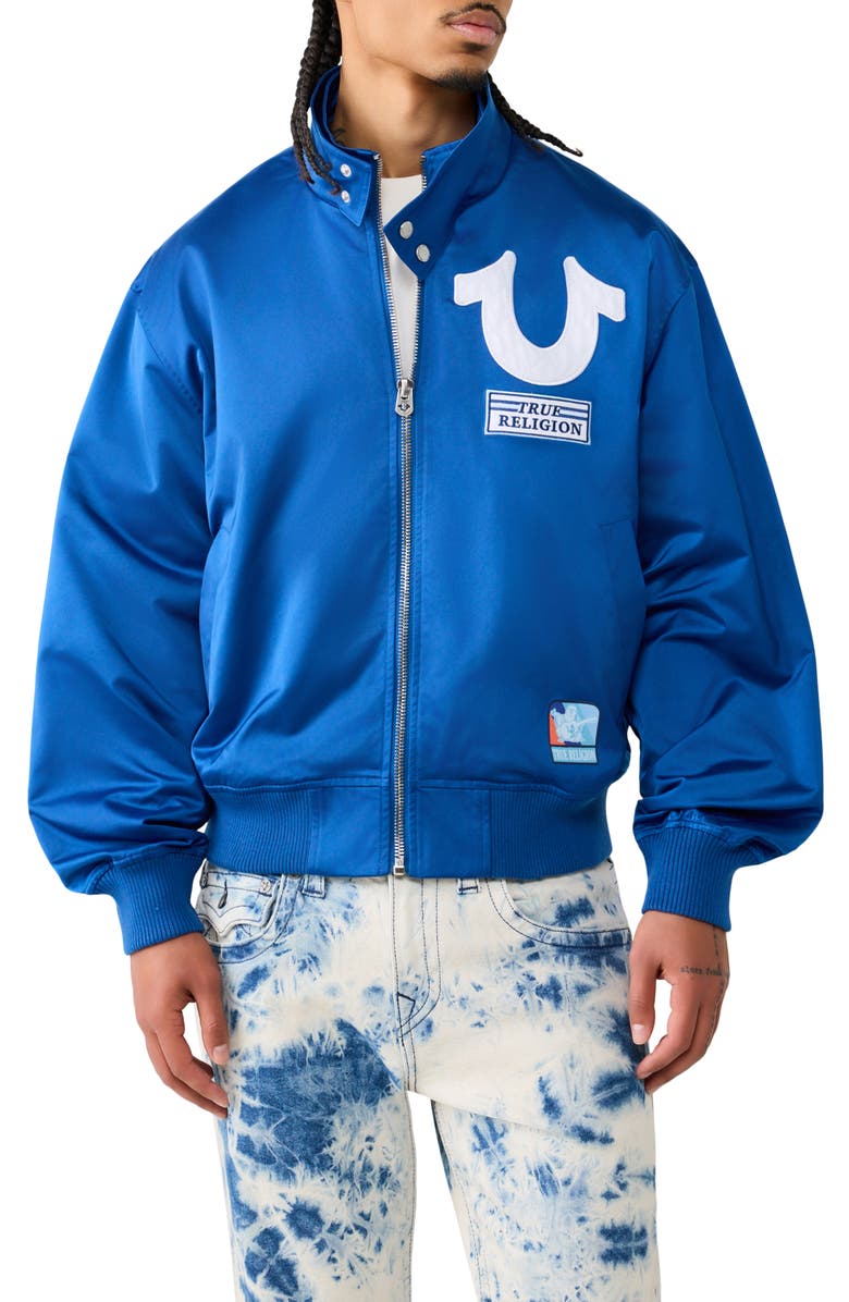 True Religion Logo Screenprint Bomber Jacket, Main, color, Pacific Blue