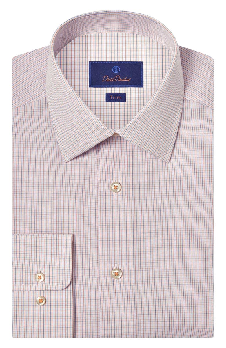 David Donahue Trim Fit Check Cotton Dress Shirt, Main, color, White/ Melon
