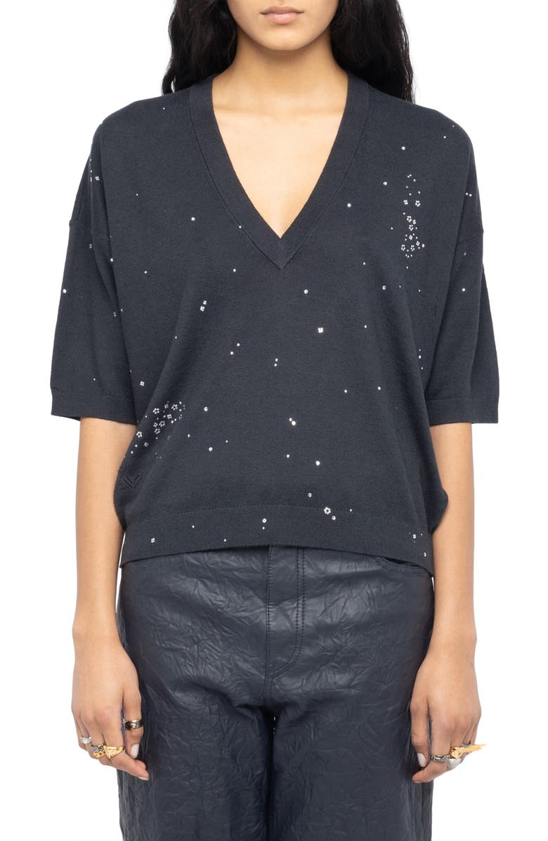 Zadig & Voltaire Wully Lico Embellished Linen Blend V-Neck Sweater, Main, color, Stone