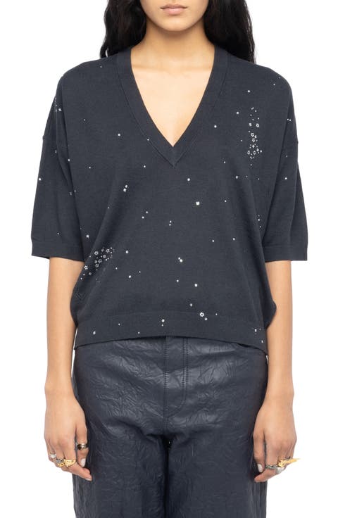 Wully Lico Embellished Linen Blend V-Neck Sweater