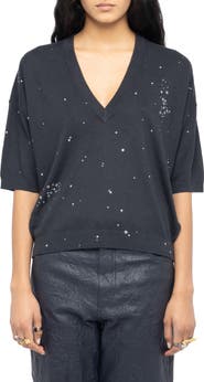 Zadig & Voltaire Wully Lico Embellished Linen Blend V-Neck Sweater