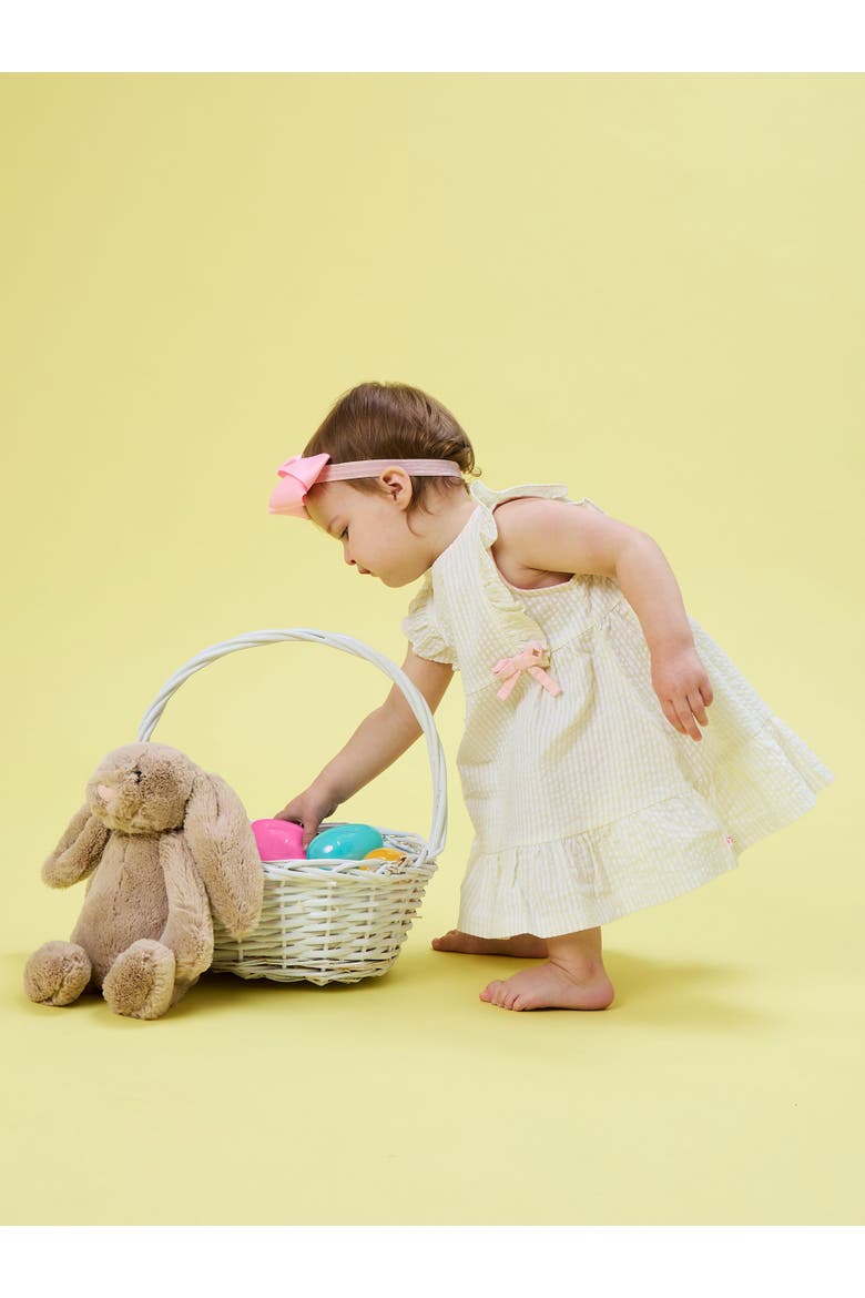 Sleeveless Pinafore Bow Dress, Alternate, color, Banana Signature Seersucker