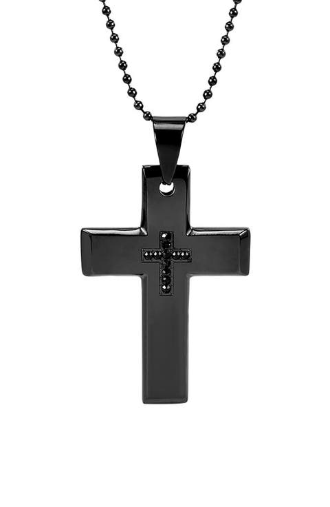 Men's Black Plate Stainless Steel Cross Pendant Necklace