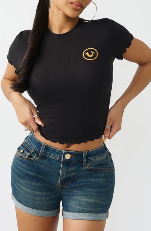 Rose Lettuce Edge Ribbed Crop T-Shirt