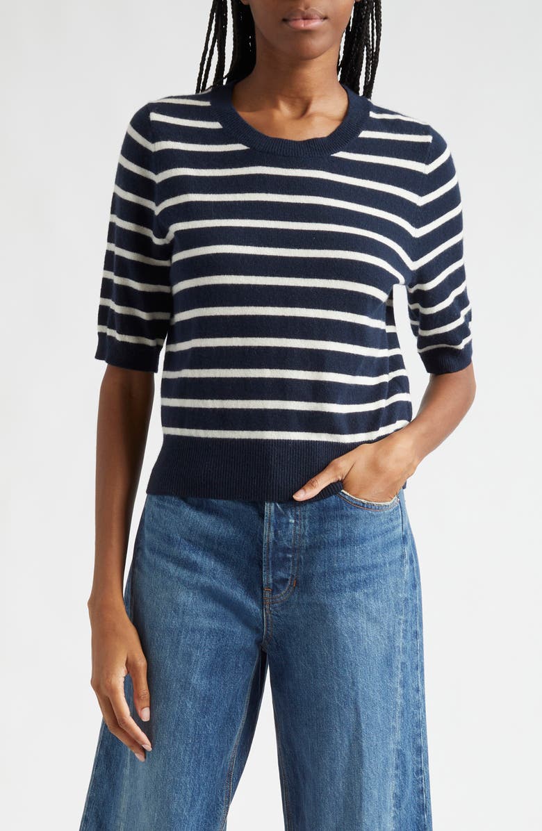 Veronica Beard Shana Stripe Short Sleeve Cashmere Sweater, Main, color,