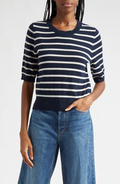 Veronica Beard Shana Stripe Short Sleeve Cashmere Sweater In Navy Ivory