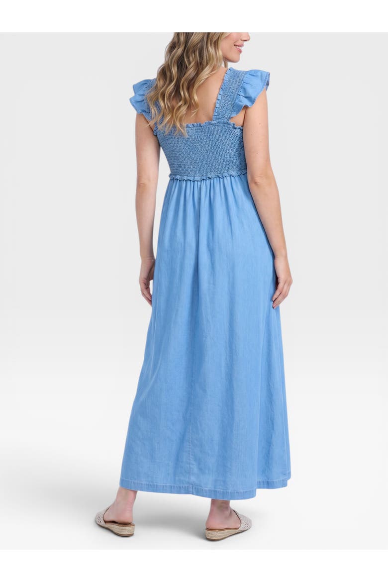Sleeveless Ruffle Shoulder Smocked Maxi Dress, Alternate, color, Chambray