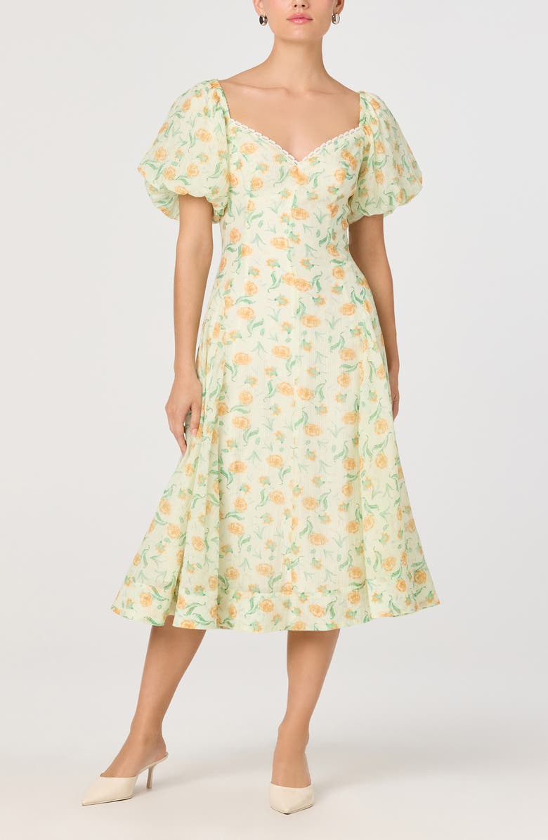ASTR the Label Mayra Puff Sleeve Midi Dress, Alternate, color, Yellow Multi Floral