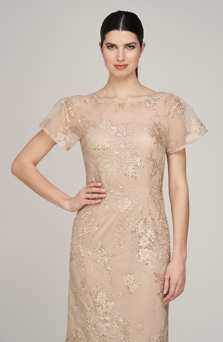 JS Collections Lia Sequin & Embroidery Trumpet Dress, Alternate, color, Gold/ Beige