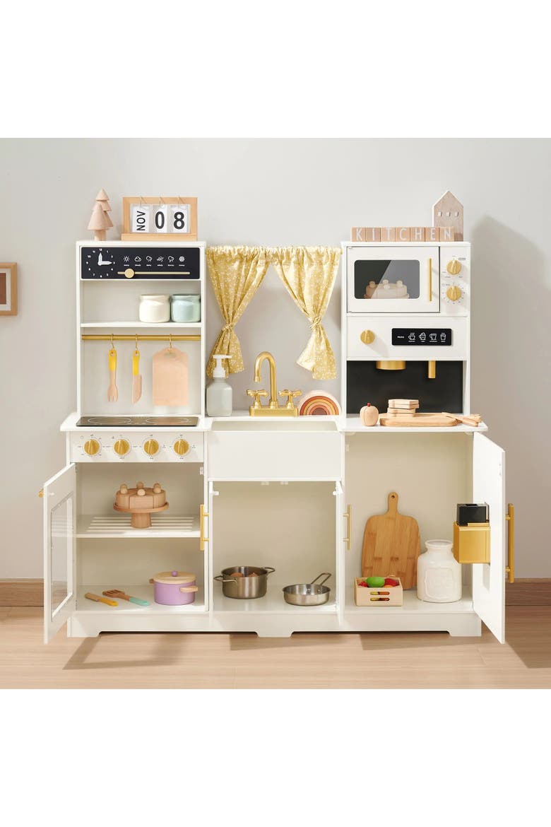 Cream Wooden Play Kitchen Set with Apron Chef Hat for Kids, Alternate, color, Multicolor