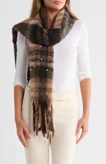 Nanette Lepore Faux Pearl Plaid Fuzzy Scarf In Brown