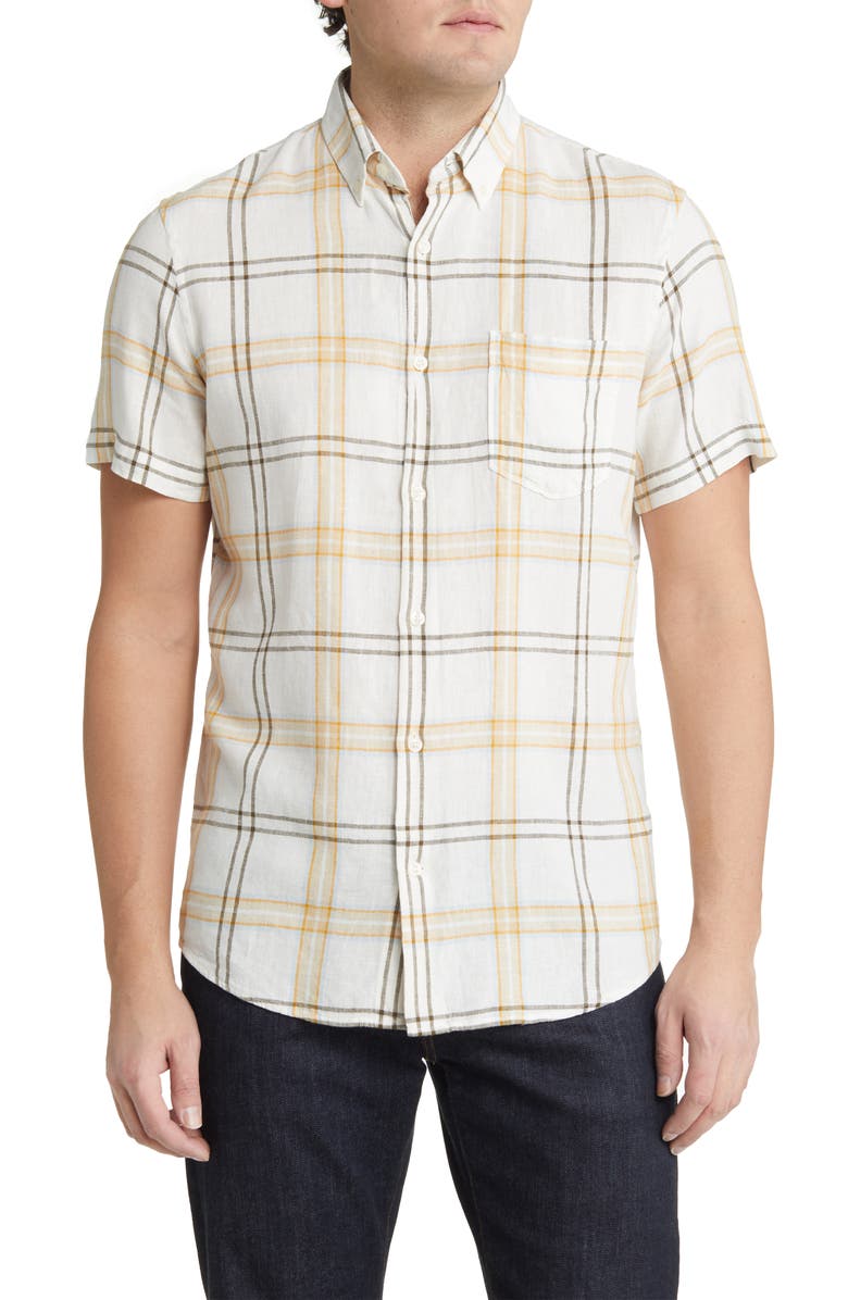 Nordstrom Family Moments Trim Fit Plaid Short Sleeve Linen Blend Button-Down Shirt, Main, color, 