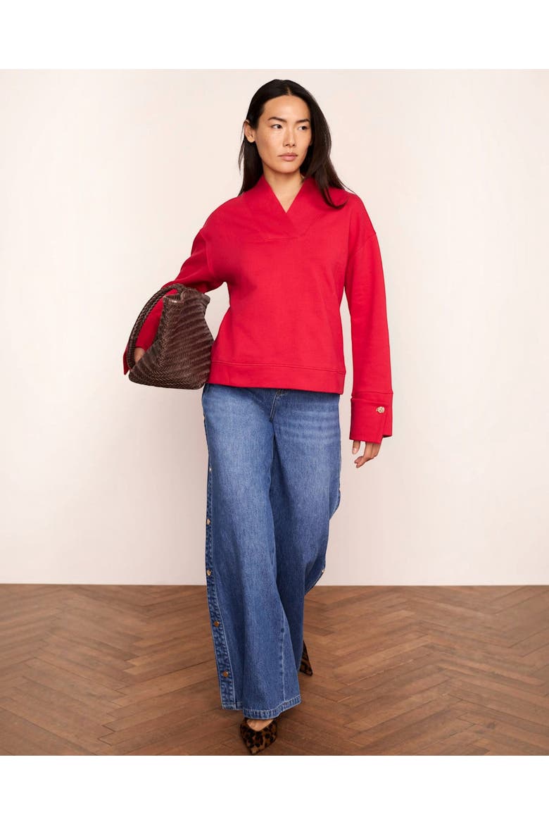 Cotton V-Neck Button Detail Sweatshirt, Alternate, color, Red